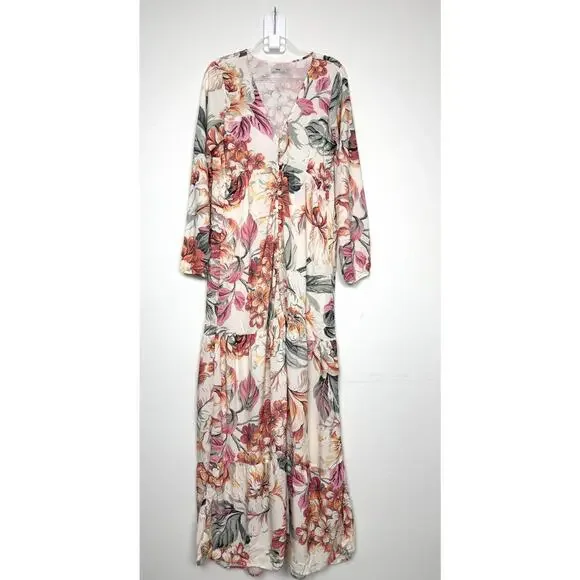 Maaji Luna Maxi Dress Womens Medium Anthropologie Floral Button Front Kimono - Picture 6 of 15